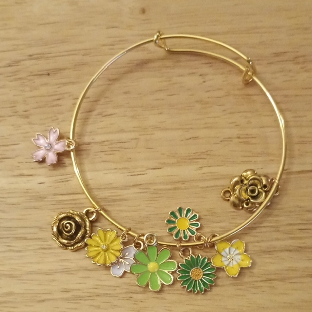 Hand Crafted Gold Floral Charm Bangle Bracelet - Yellow, Green & Pink